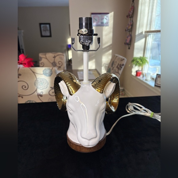 Other - White Ceramic Ram’s Head Table Lamp With Gold-Colored Horns